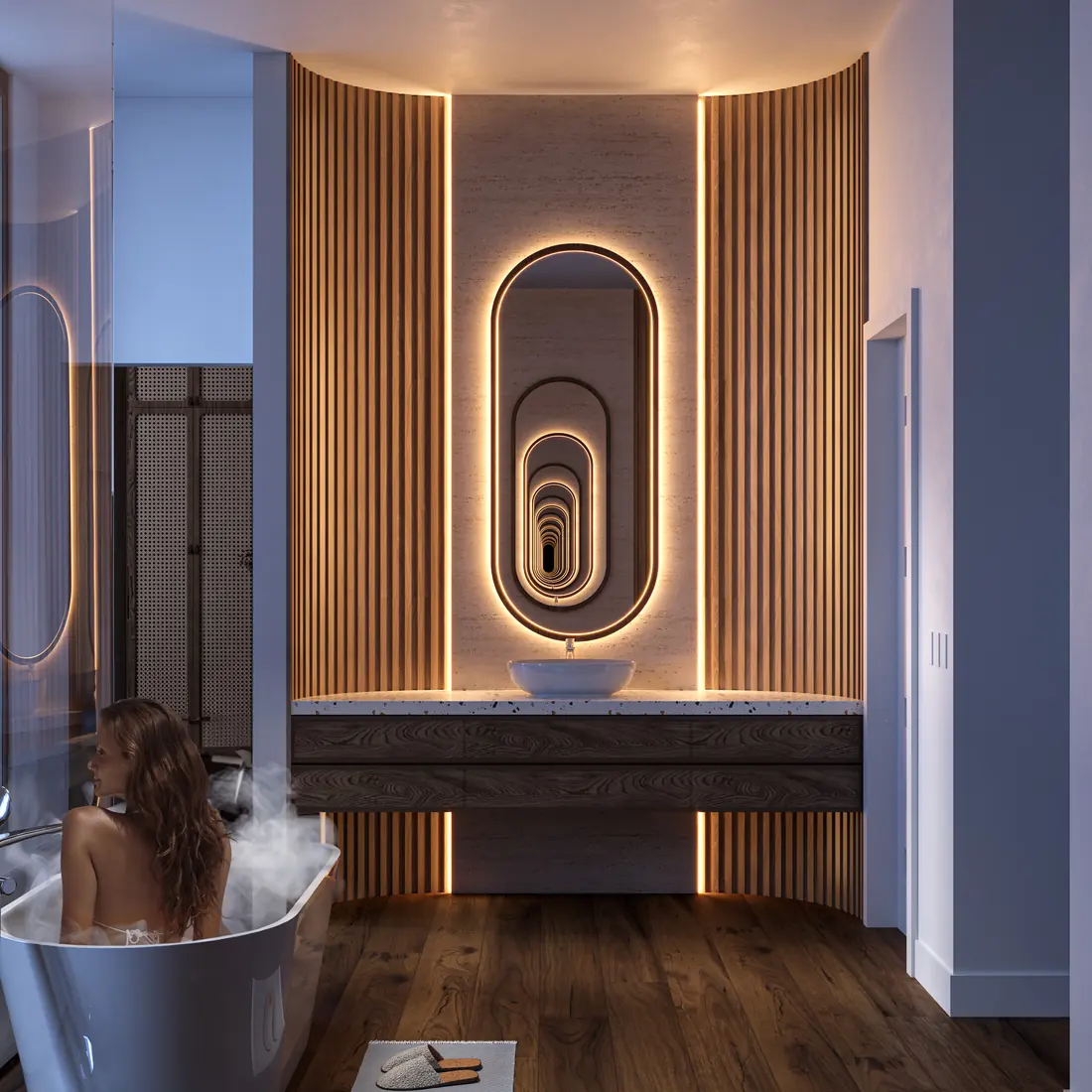 Rendering of the primary bath with a freestanding tub and a vanity under a lit mirror