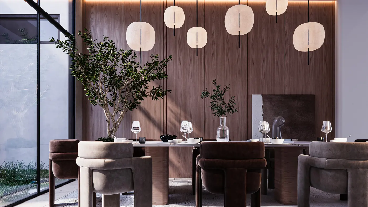 Rendering of the dining room with a table set beneath pendant lights
