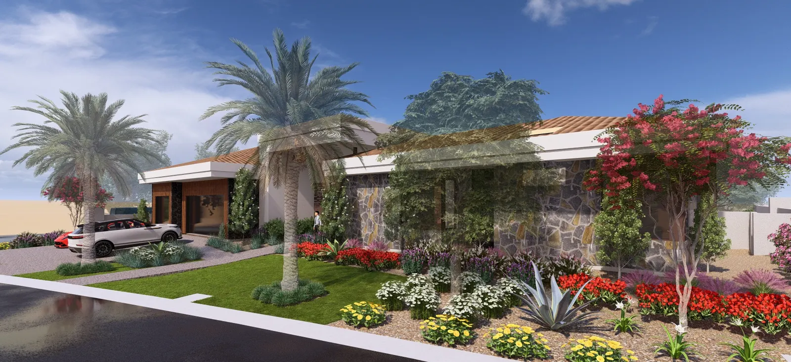 Rendering of the front elevation seen from the court, with palms and planting across the front lawn