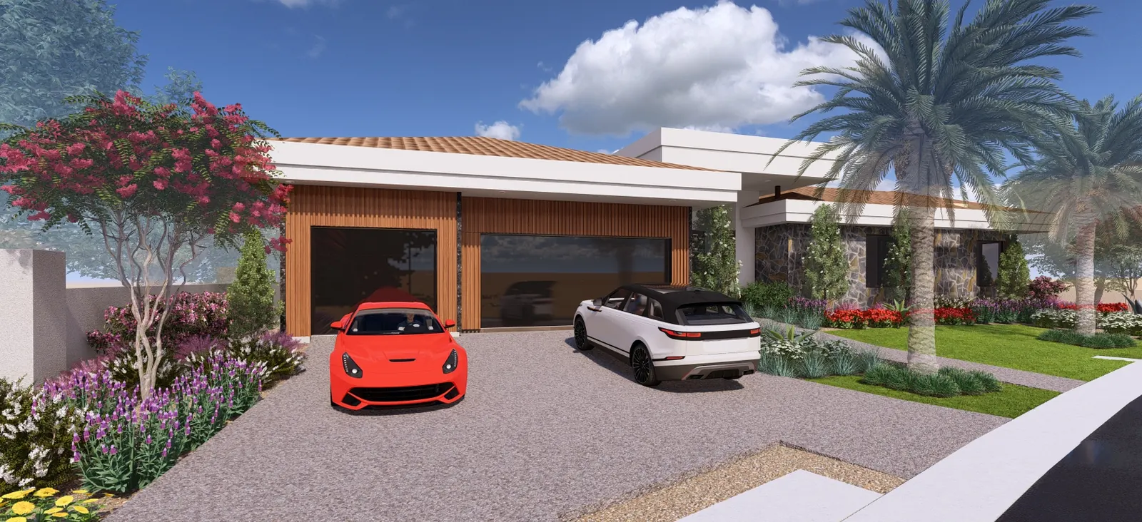 Rendering of the wood clad garage doors and the drive in front of them