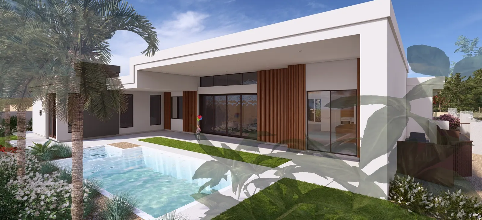 Rendering of the covered patio and pool at the rear of the house