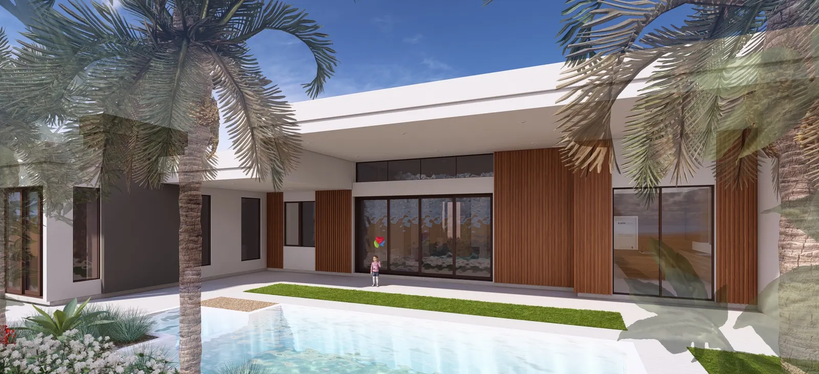 Rendering of the rear elevation seen across the pool, under the patio roof