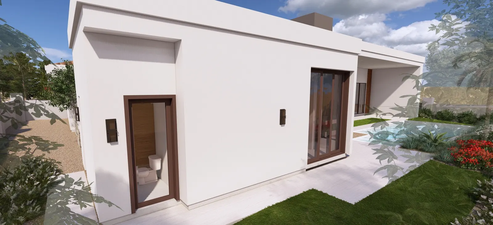 Rendering of the pool bath door opening onto the patio beside the pool