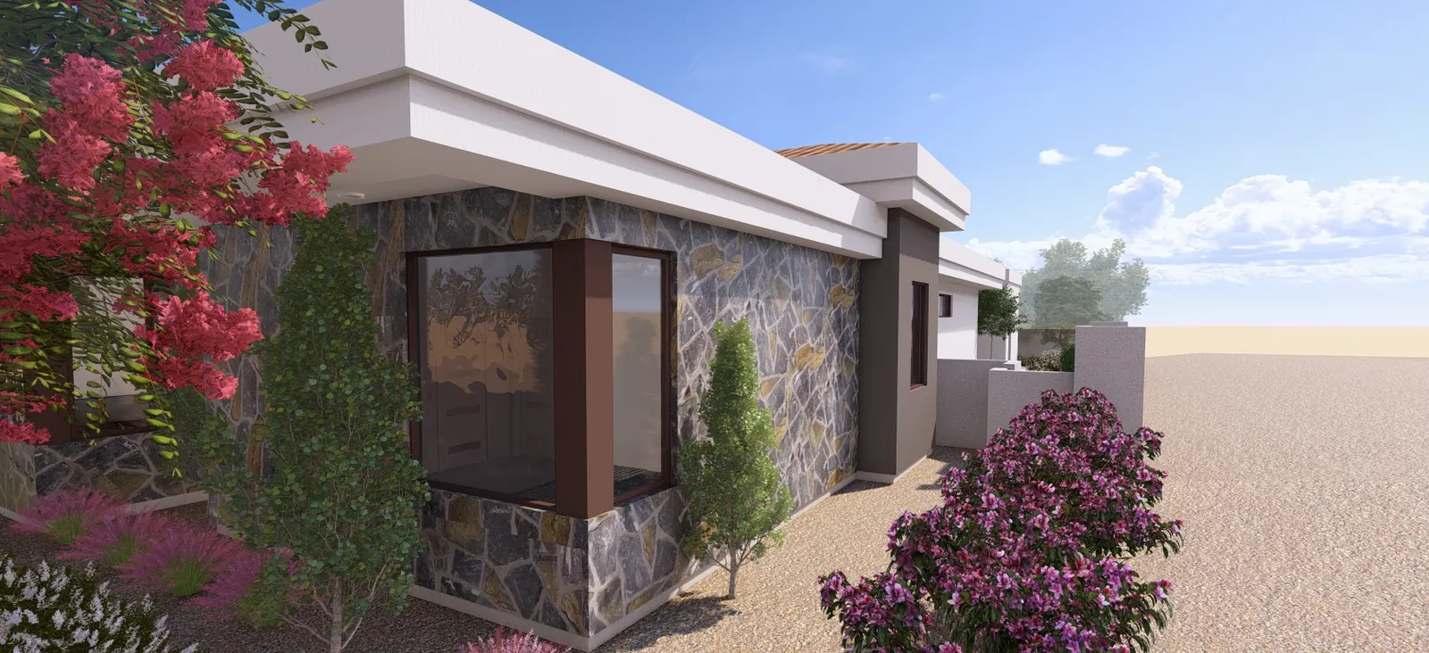 Rendering of a stone clad corner of the house with a corner window and flowering planting