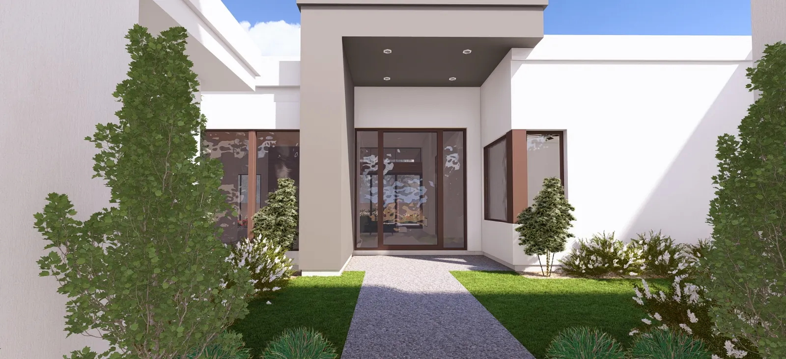 Rendering of the flat roofed entry portal and glass front door at the end of the walk