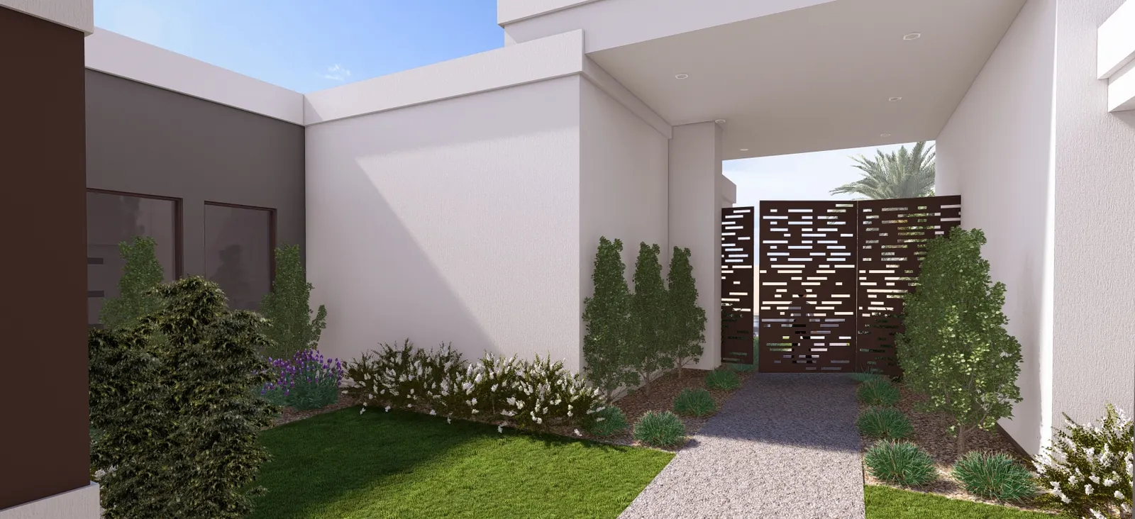Rendering of a side court with a walk leading to a screen gate