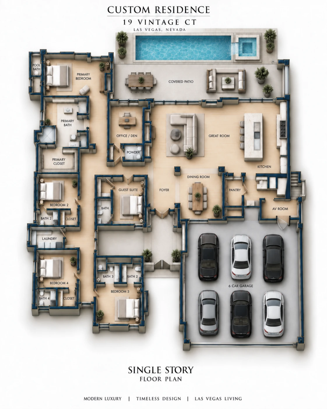 Single story furnished floor plan of 19 Vintage Ct showing the entry court, great room and kitchen, dining room, office, primary suite, bedroom wing, six car garage, covered patio and pool