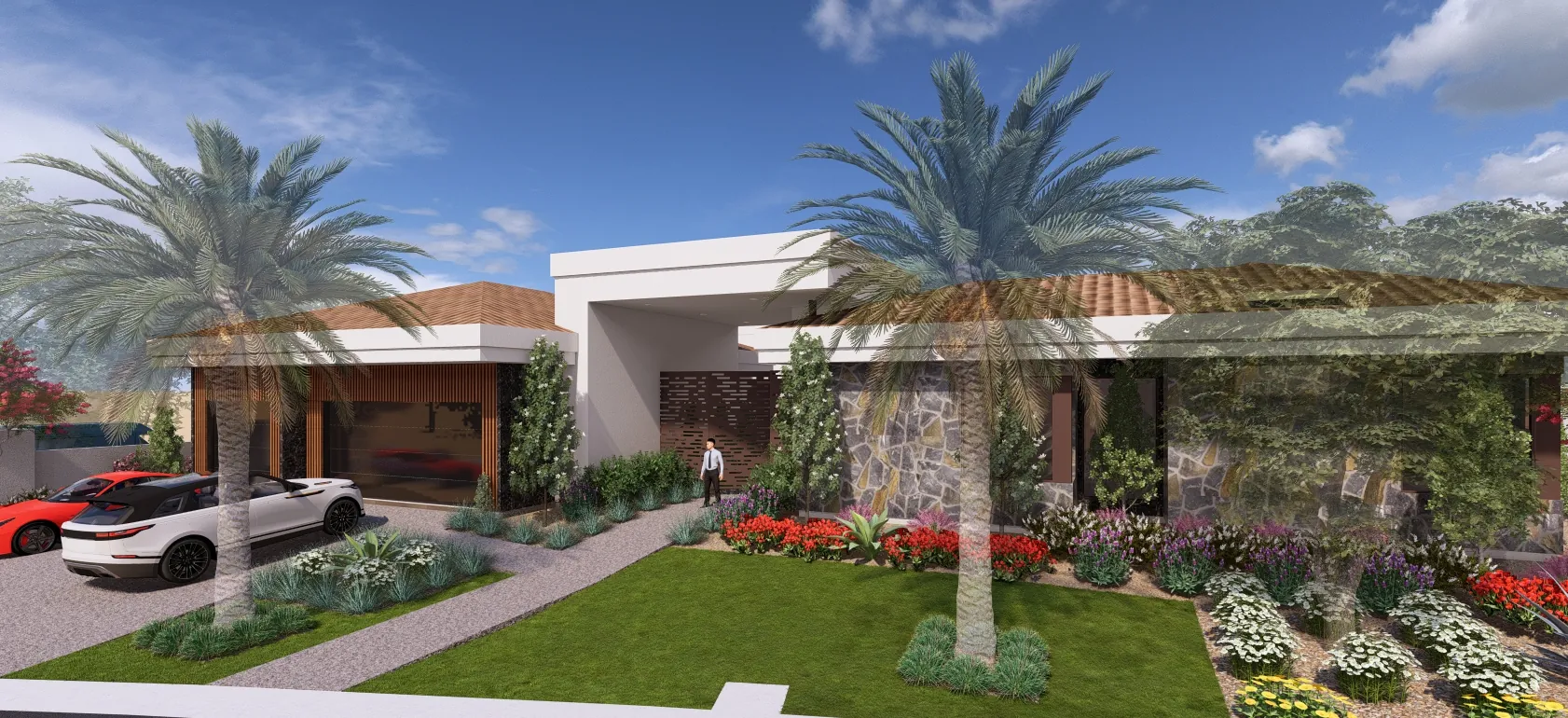 Rendering of the front of 19 Vintage Ct with the flat roofed entry portal between the garage and the stone faced wing