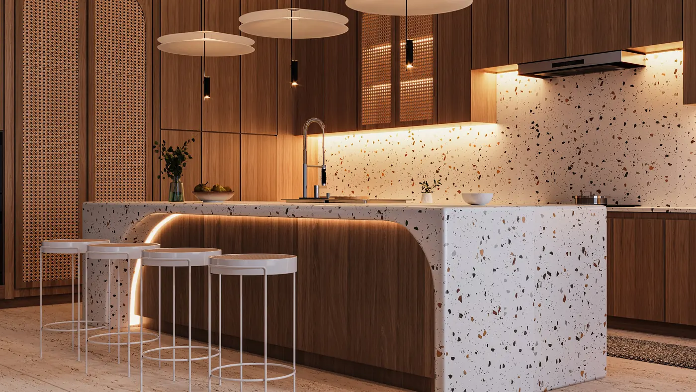 Rendering of the kitchen island and cabinetry with counter stools