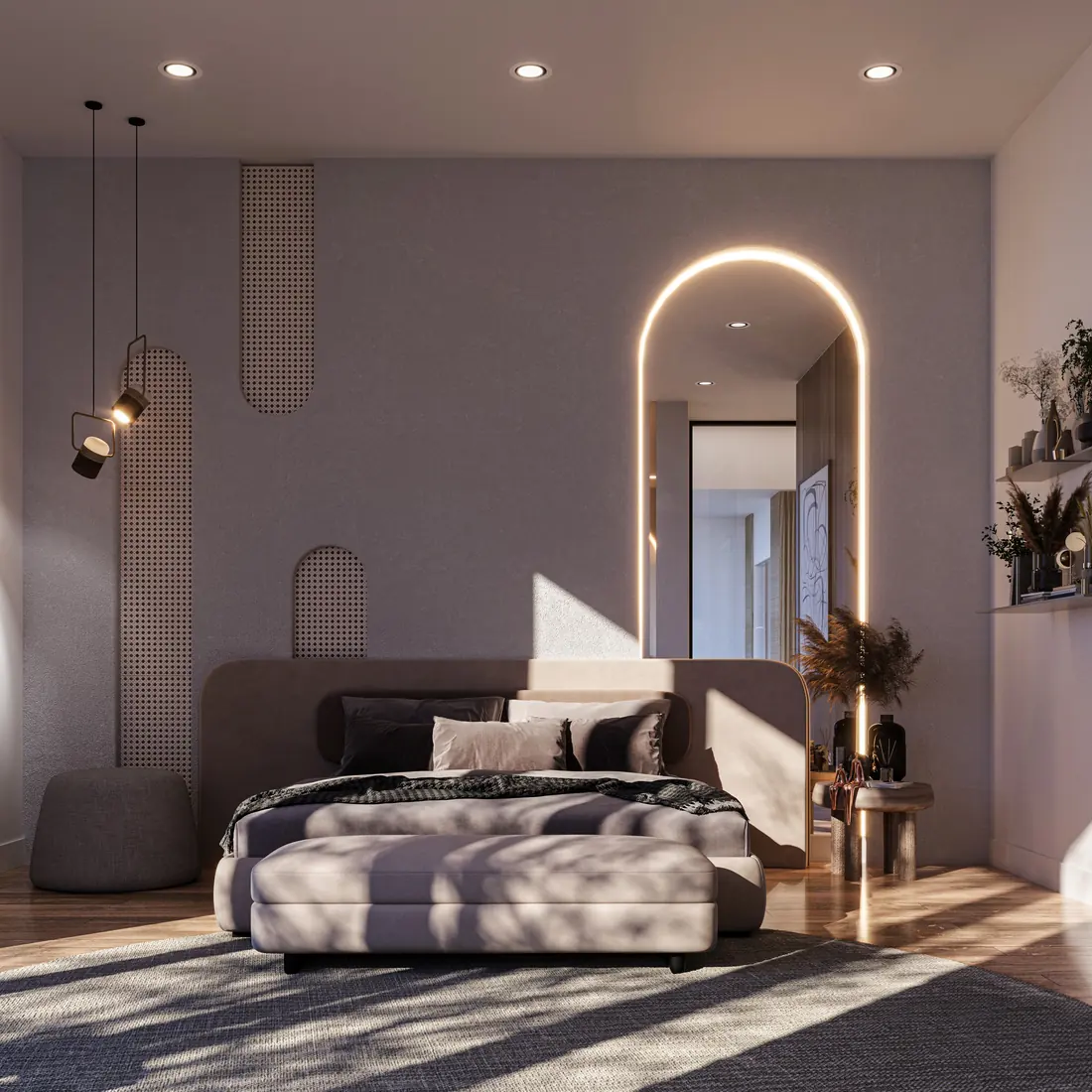 Rendering of the primary bedroom with a bed and an arched lit mirror
