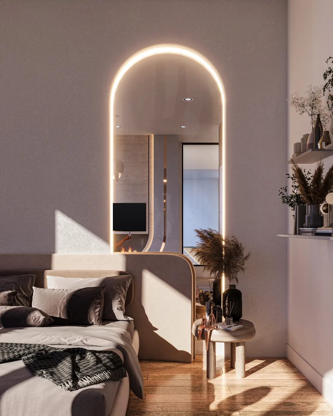 Rendering of the arched lit mirror beside the bed in the primary bedroom