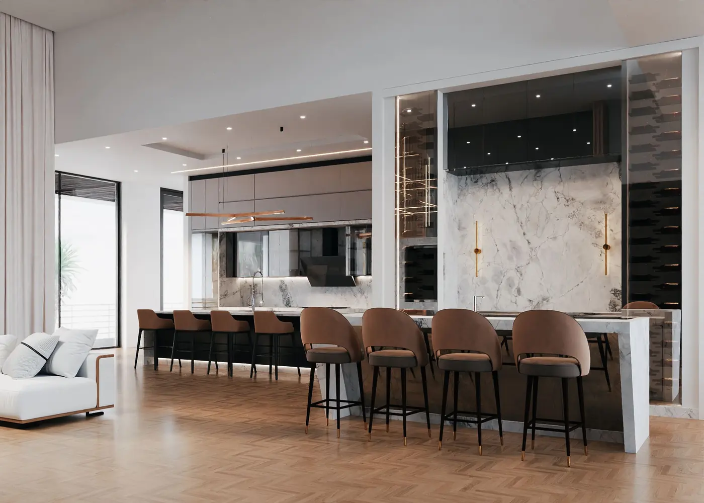 Bar counter with a marble back panel flanked by two full height wine racks