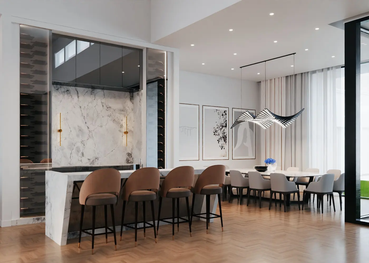 Bar counter in the foreground with the formal dining table and artwork beyond