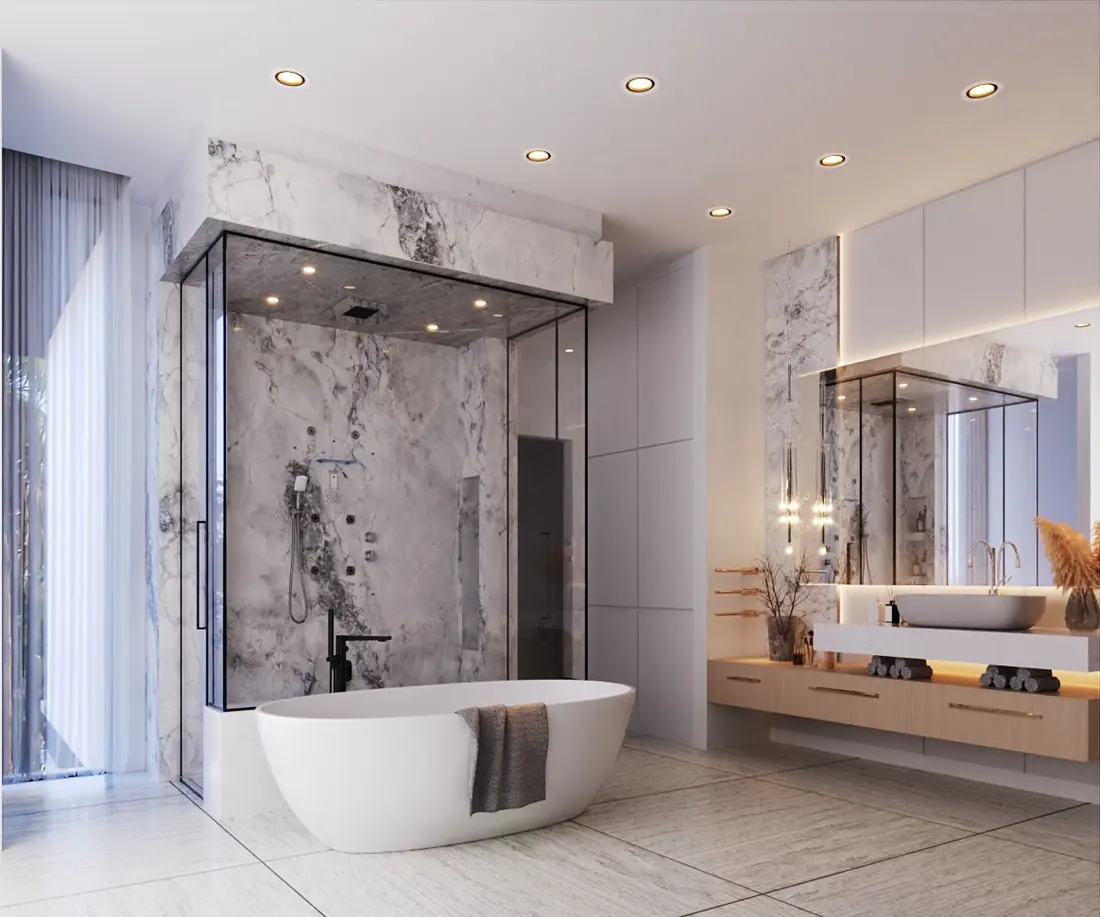 Primary bath with a freestanding tub, a stone lined glass shower and a floating double vanity