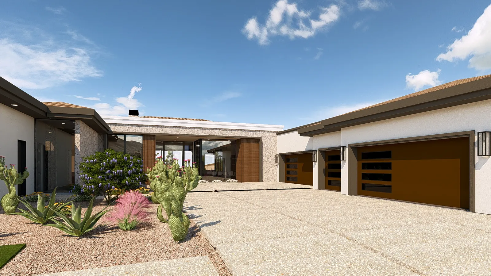 Entry court with the stone clad entry, glazed front door and three of the garage doors