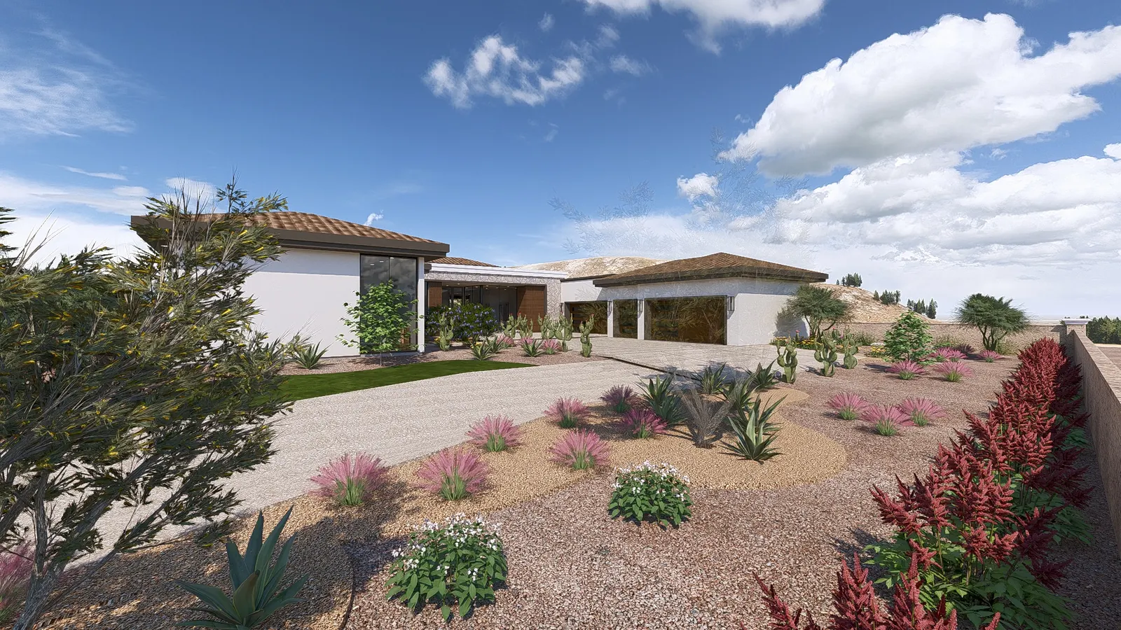Approach along the street with desert planting and the garage elevation beyond