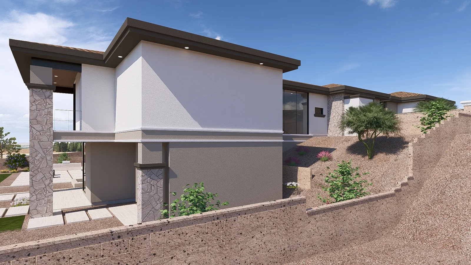 Side elevation showing the upper floor carried over the lower level and the terraced retaining walls