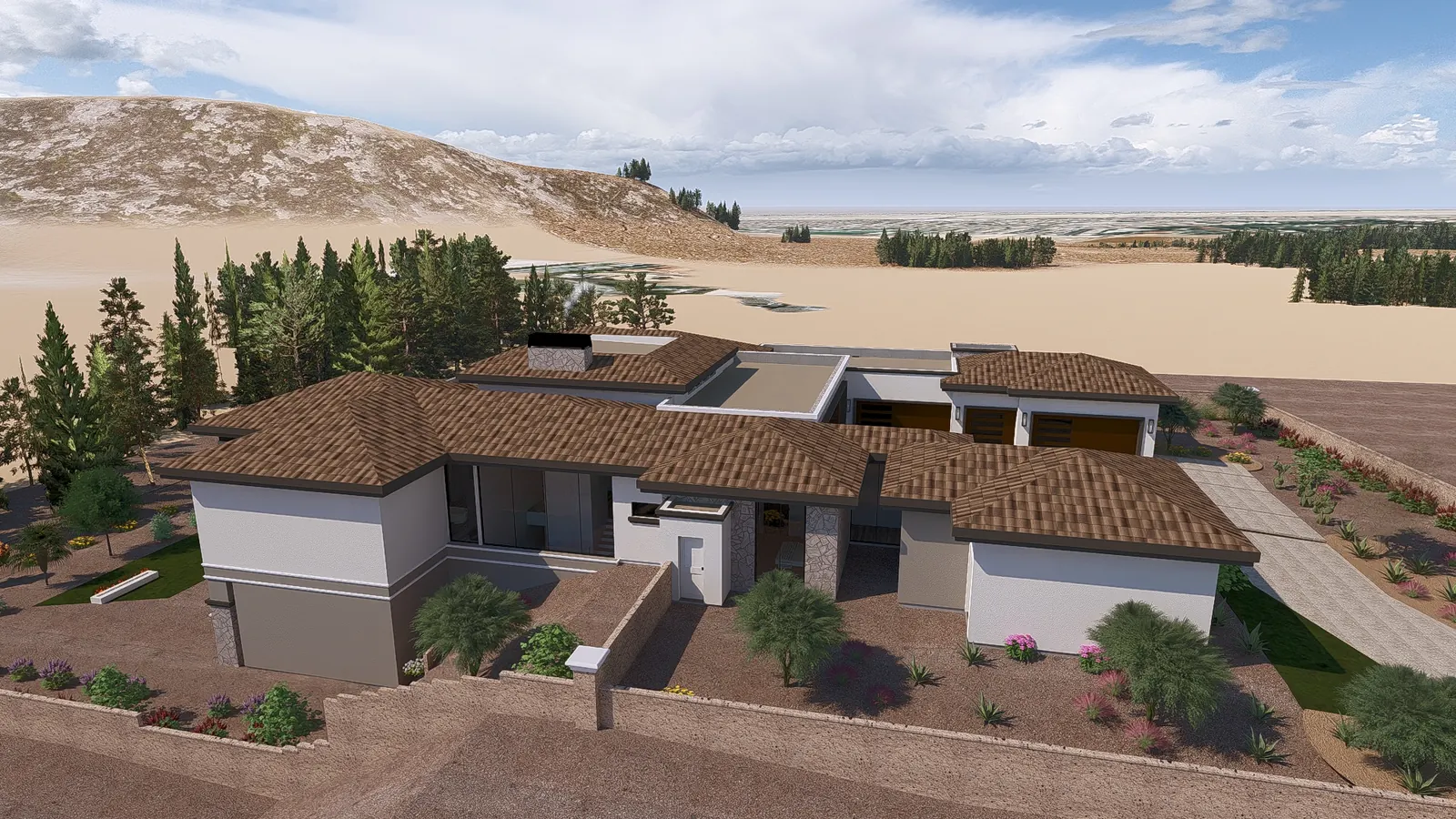 Aerial over the entry side showing the hipped tile roofs, the entry court and the garage doors