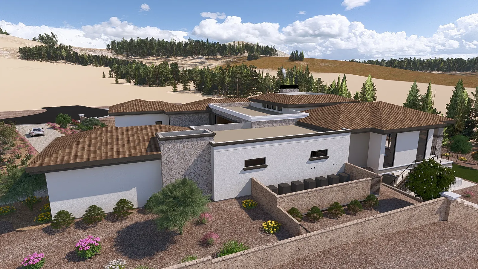 Aerial from the side showing the roof massing, the boundary wall and the driveway