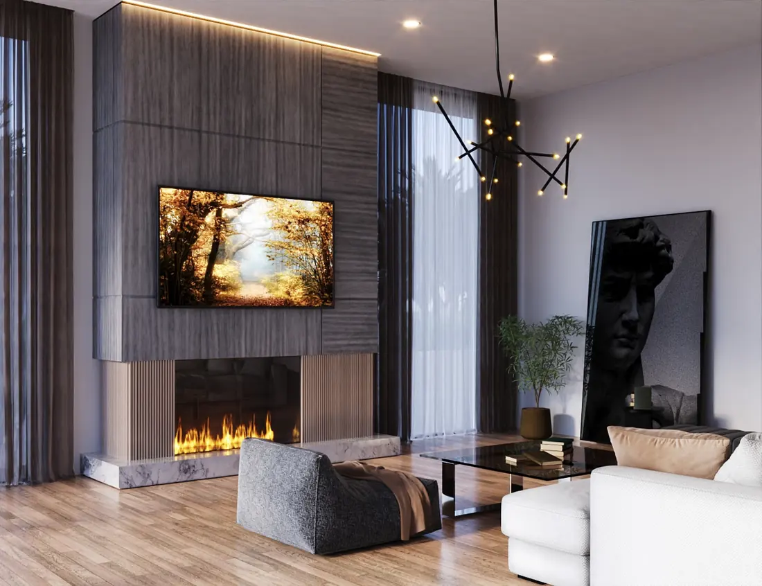 Family room with a stone fireplace and media wall, low seating and floor to ceiling curtains