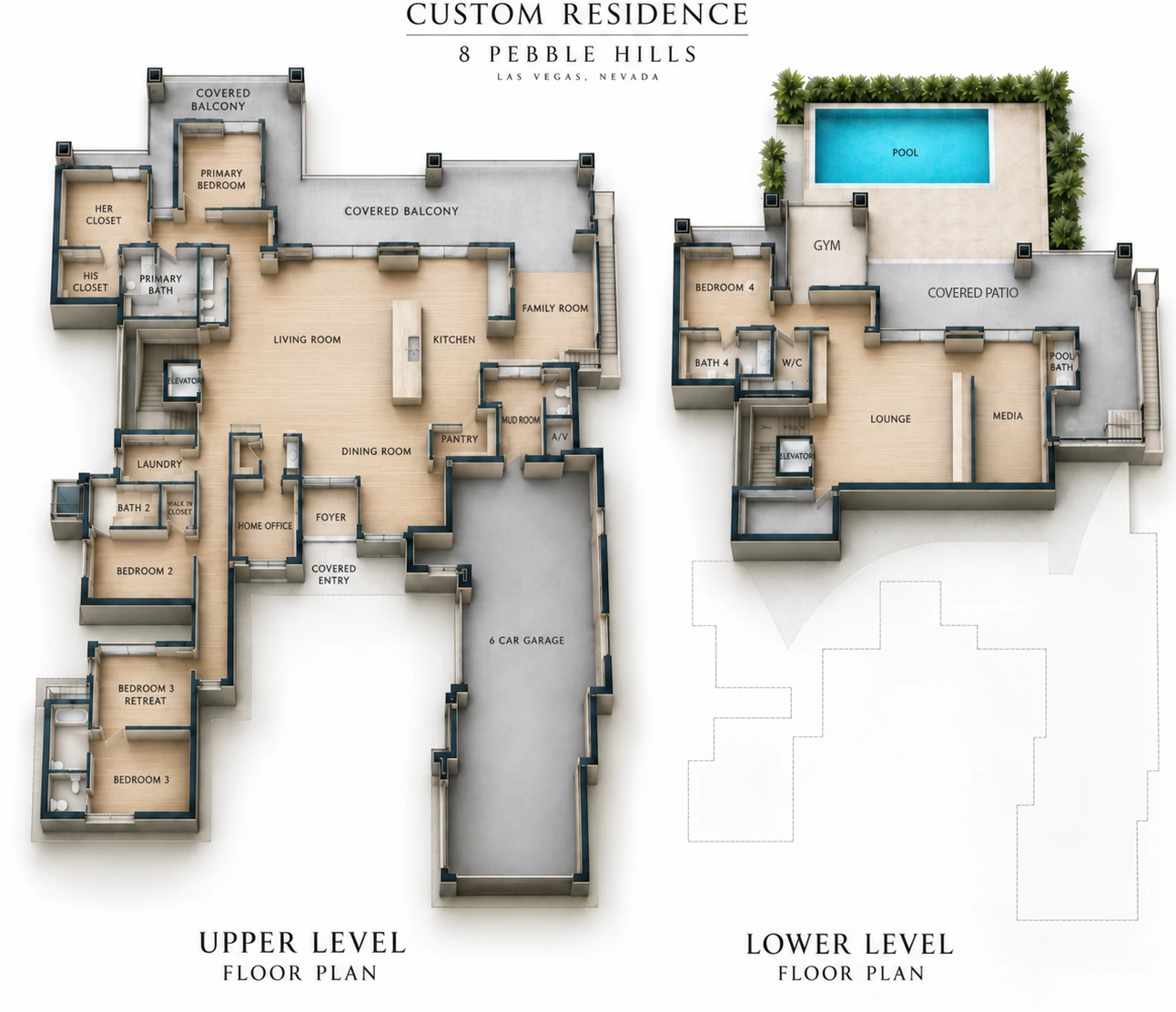 Two level marketing floor plan of 8 Pebble Hills Court. The upper level holds the primary suite, living room, kitchen, family room, dining room, home office, two more bedrooms and the six car garage. The lower level holds the lounge, media room, gym, a fourth bedroom, the pool bath and the covered patio beside the pool.