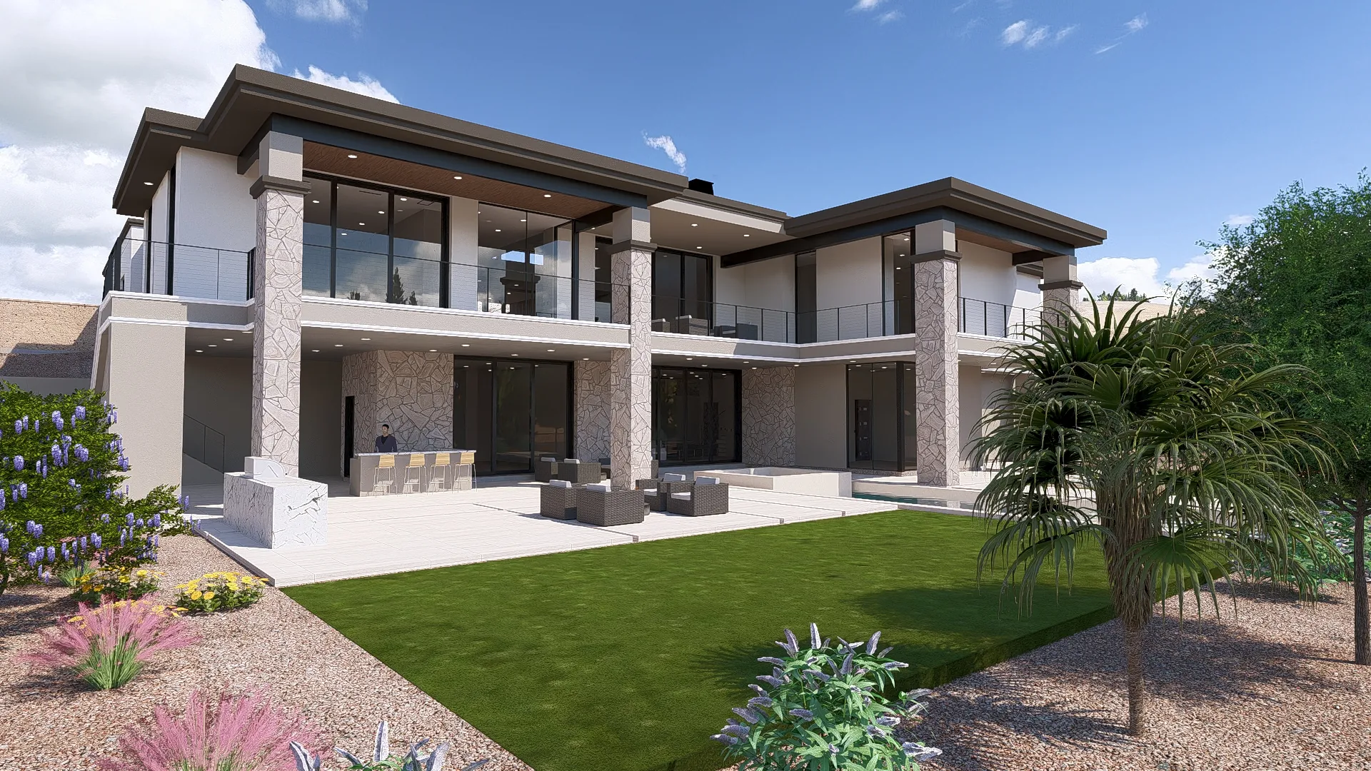 Rear elevation of 8 Pebble Hills Court with the lap pool, lawn and the two levels of covered terrace