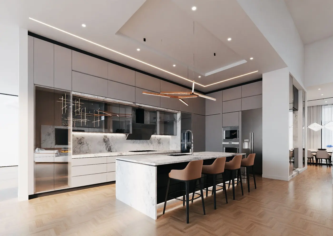 Kitchen seen from the dining side with the coffered ceiling and bronze pendant