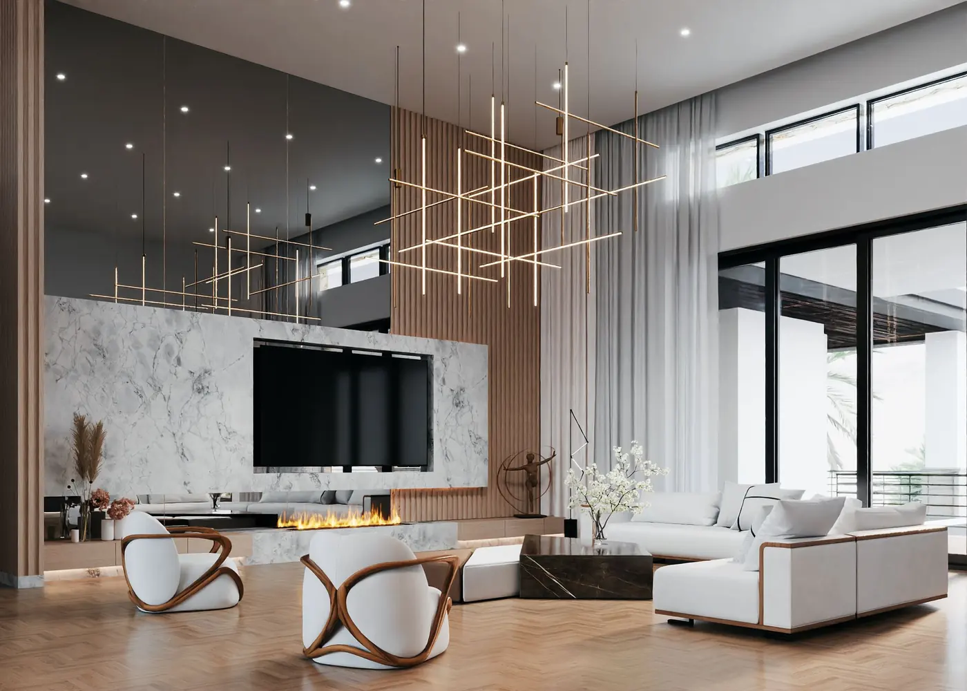 Double height living room with a book matched marble fireplace and media wall, oak fluting and herringbone floors