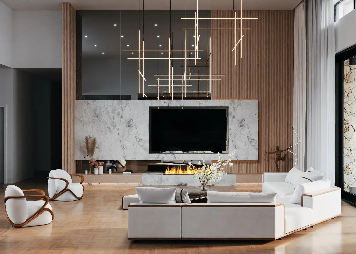 Living room seen straight on, with the linear fireplace below the marble wall
