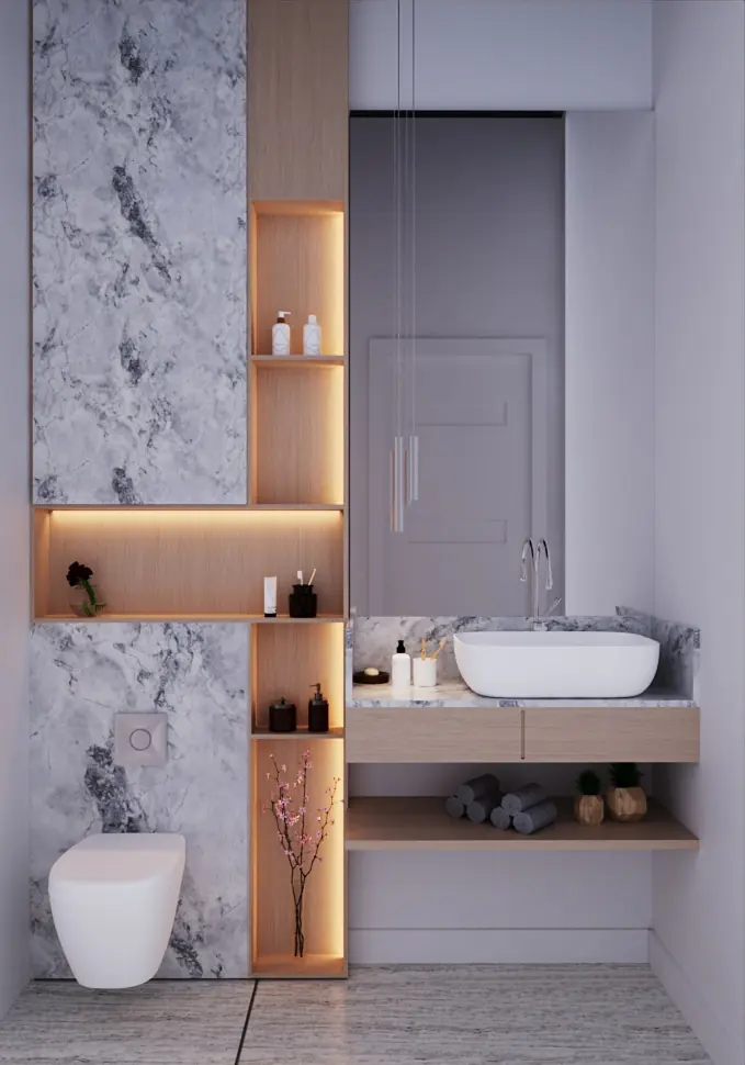 Powder room with a marble wall, lit niche shelving and a vessel basin