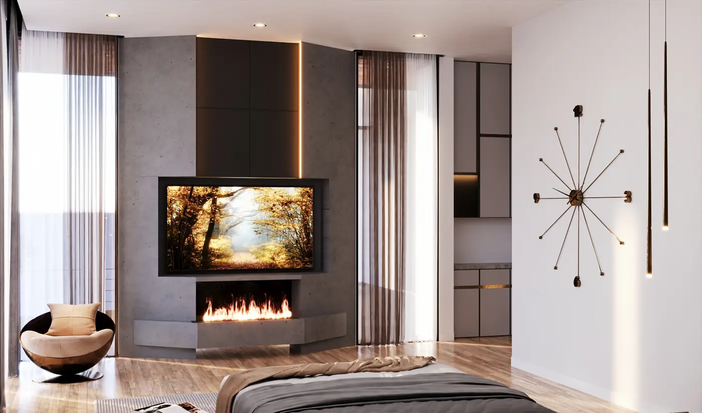 Primary bedroom with a linear fireplace and television set into the panelled wall