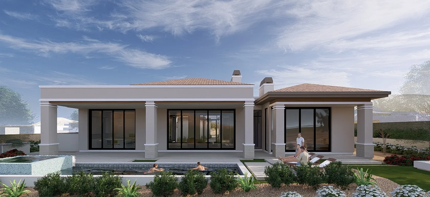 Rear elevation of 15 Olympia Canyon Way with the pool and covered patio