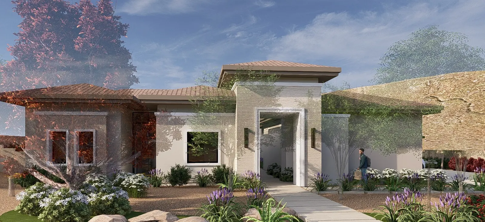 Front entry elevation with the courtyard gate