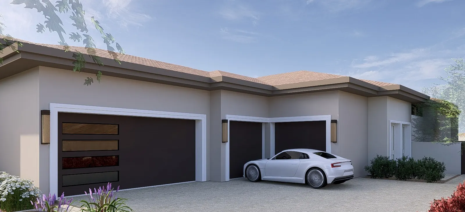 Four car garage doors from the driveway