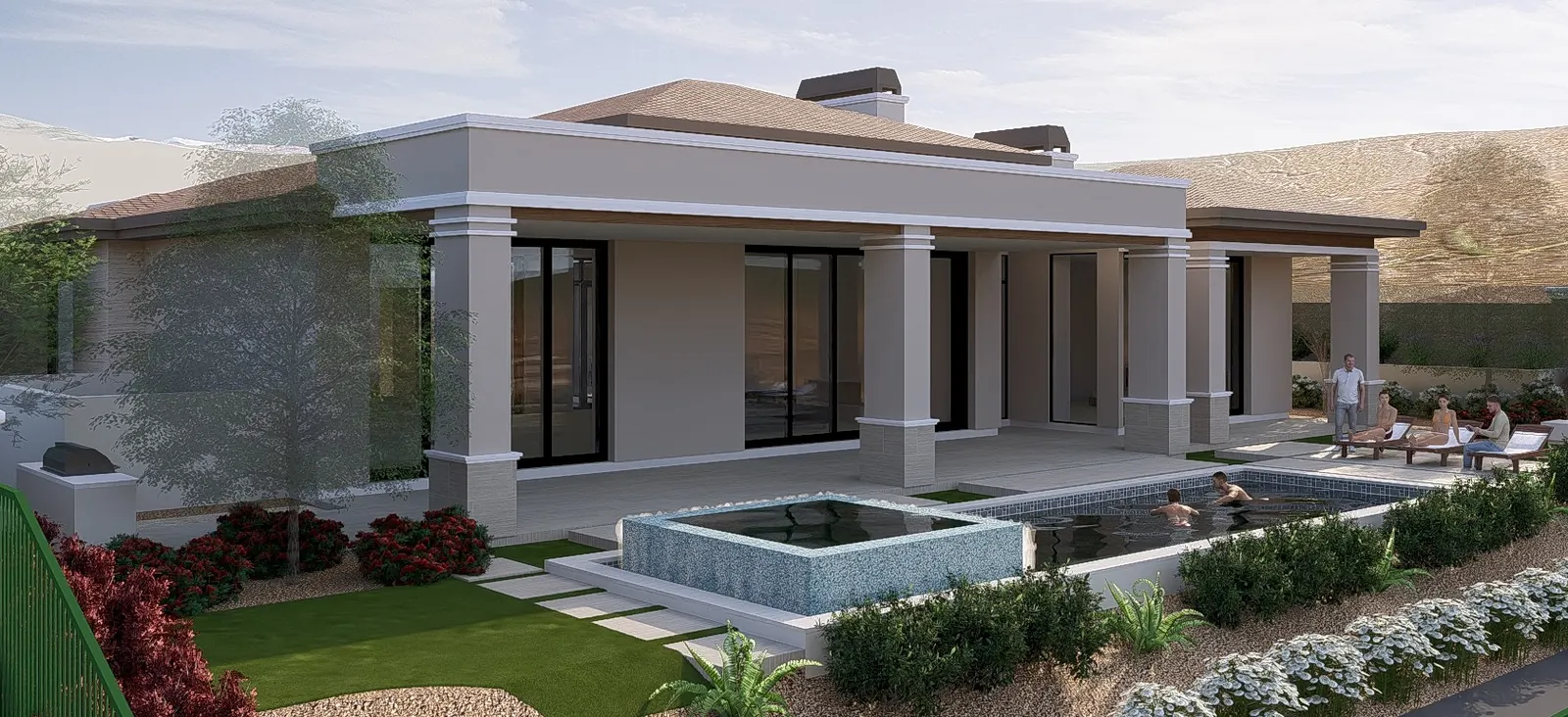 Rear elevation with the pool, spa and covered patio
