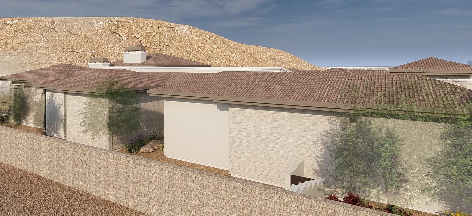 Long view of the house against the ridge