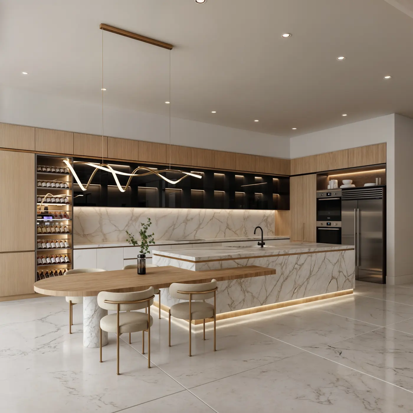 Kitchen with a book matched island, oak millwork and a wine wall