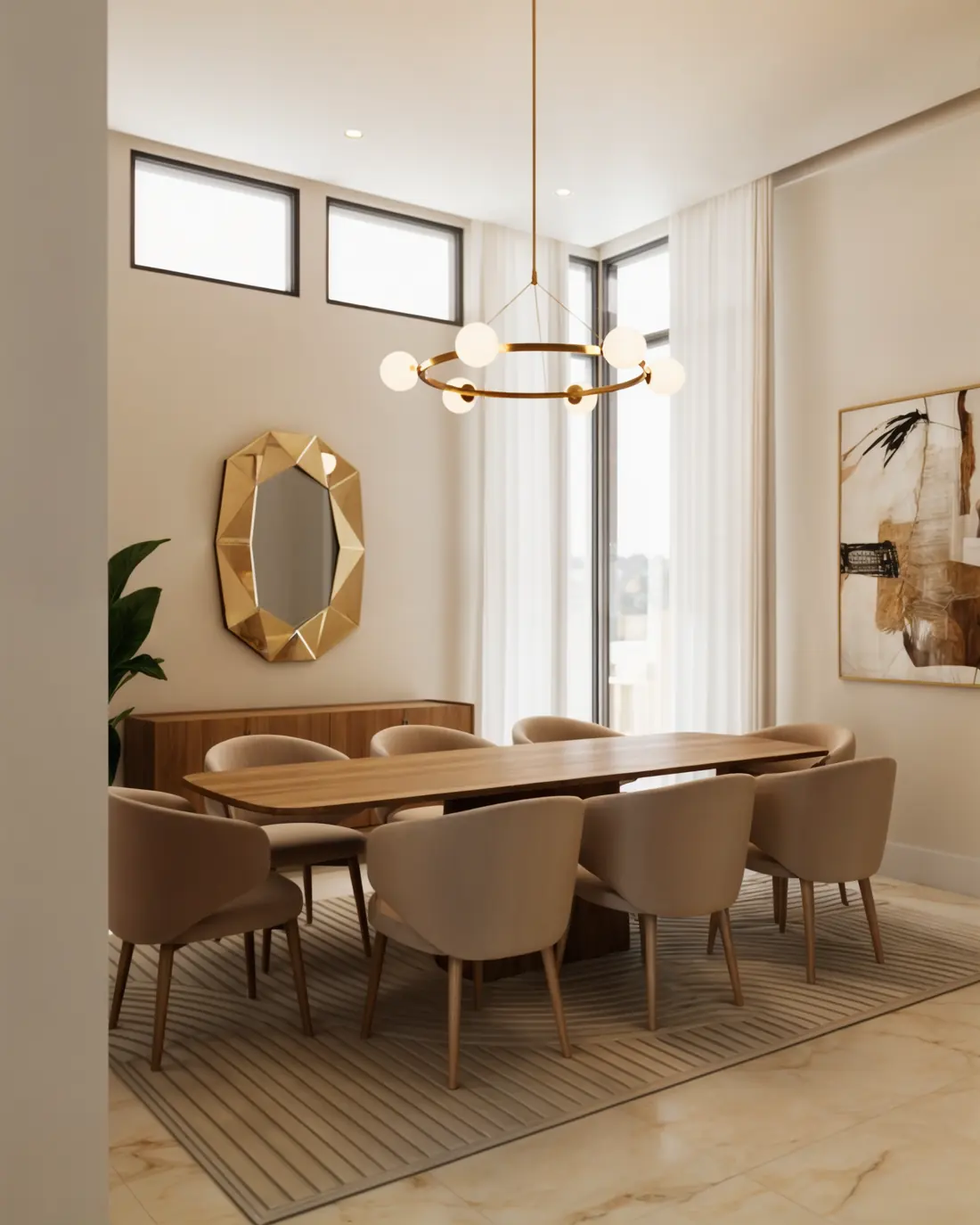 Formal dining room with a brass ring chandelier