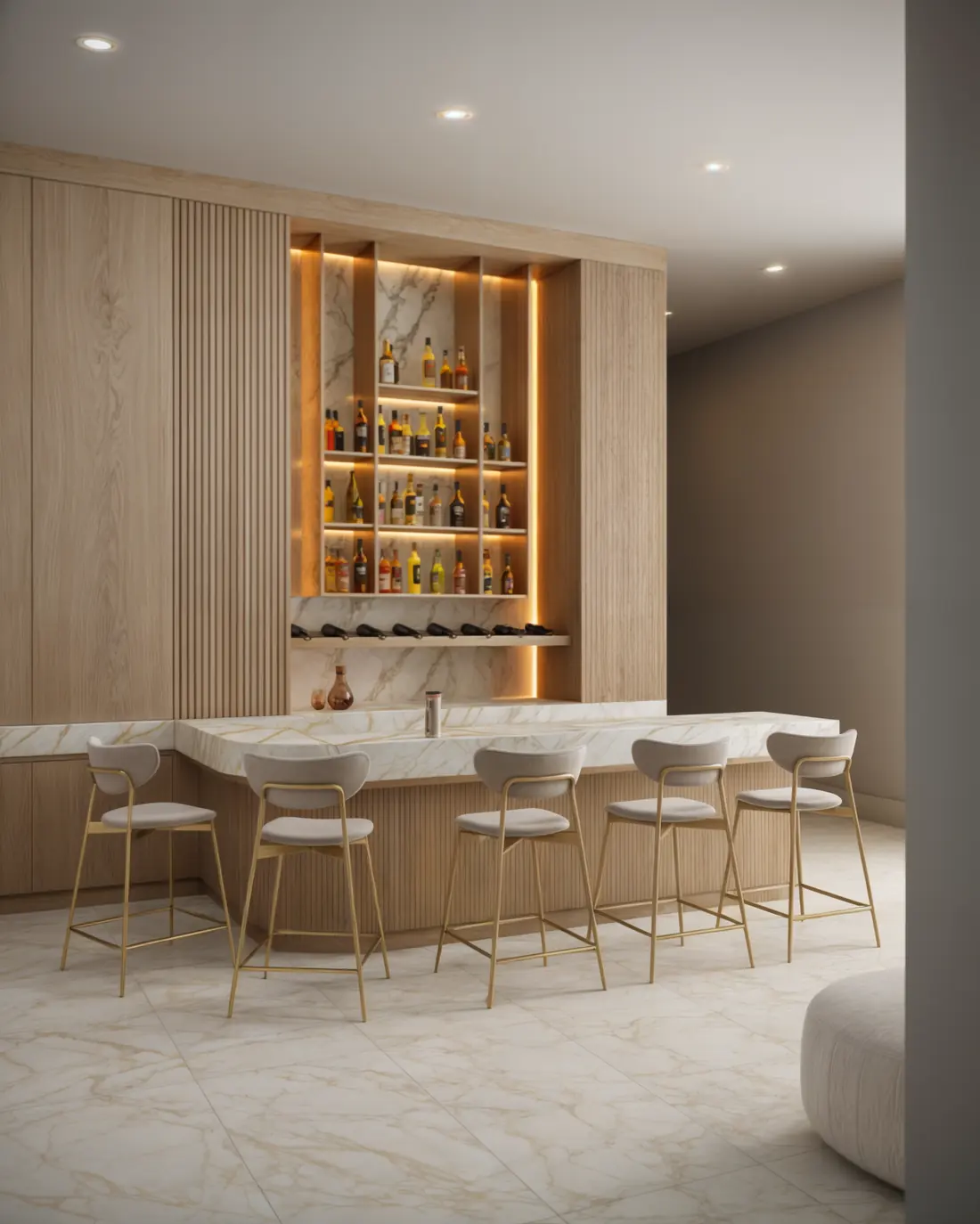 Bar with backlit shelving and counter seating