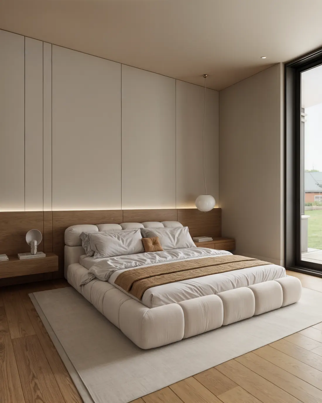 Primary bedroom with a full height window wall