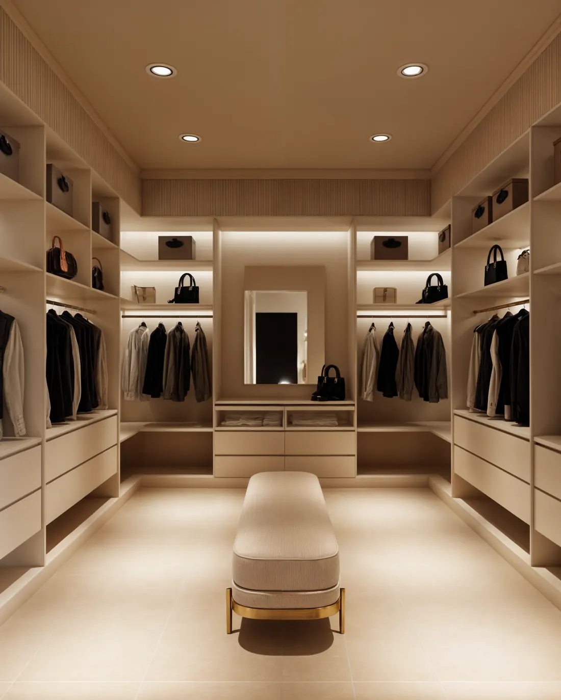 Her walk in closet with lit display shelving