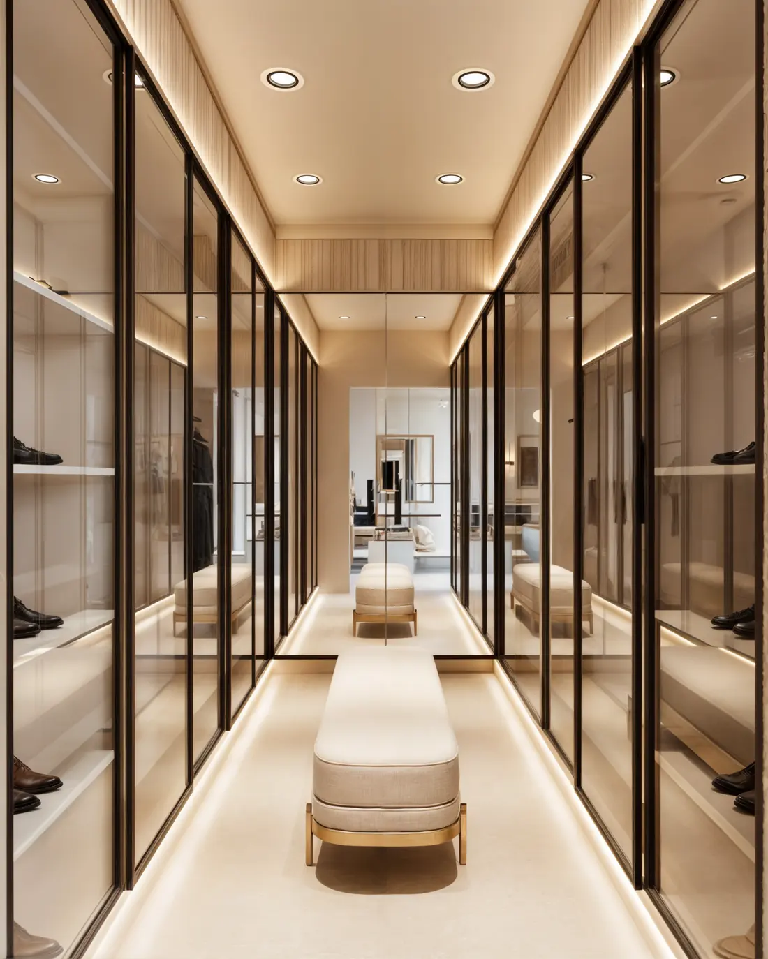 His walk in closet with glass fronted cabinetry
