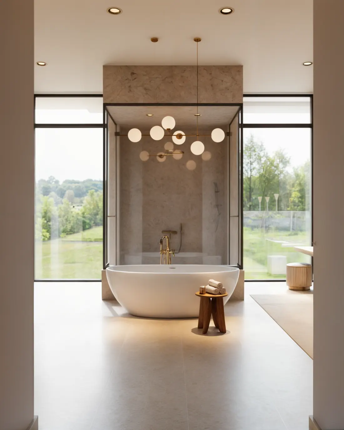 Primary bath wet room with the stone feature wall