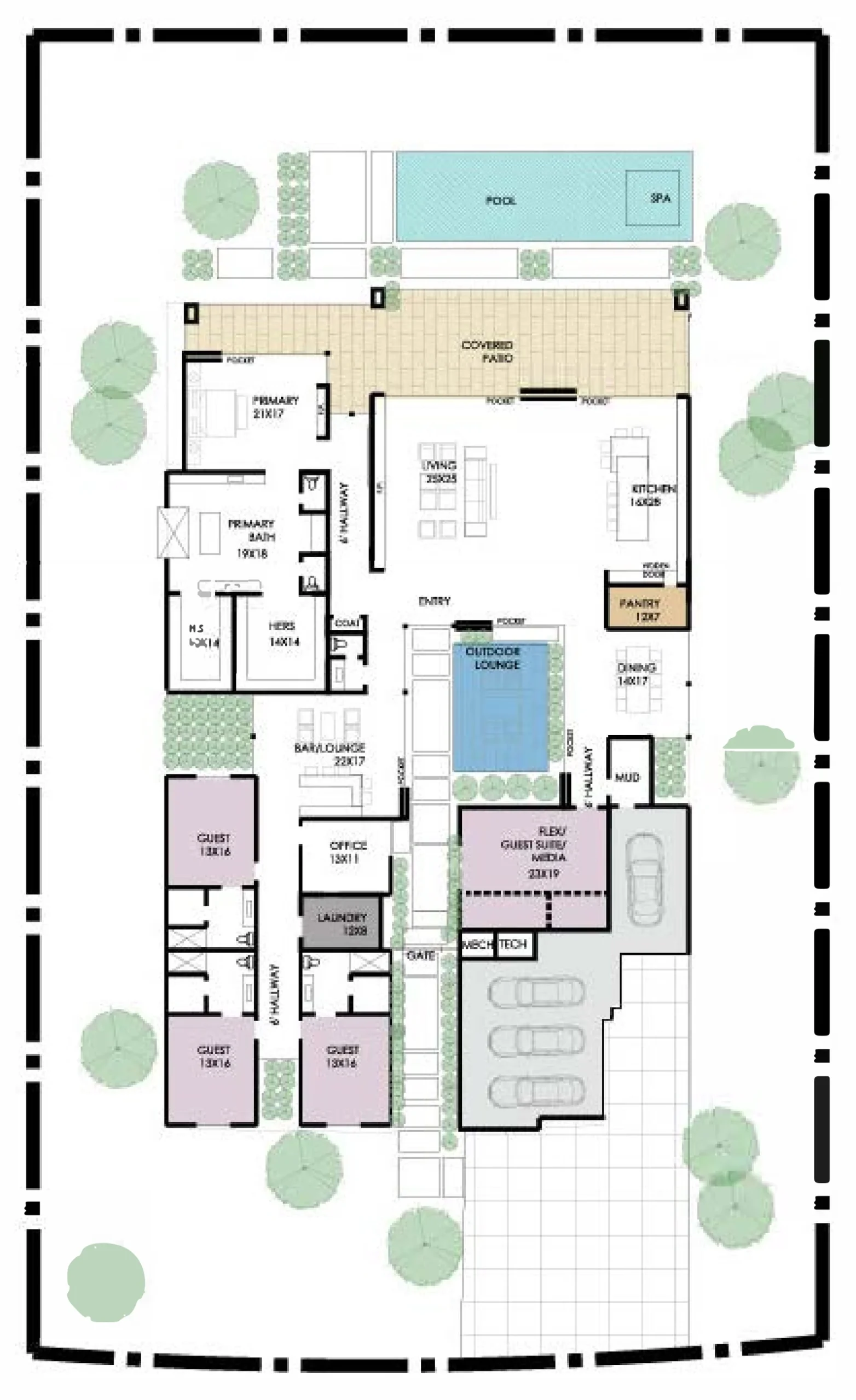 Single story floor plan of 15 Olympia Canyon Way showing the primary suite, living wing, courtyard, guest wing and four car garage