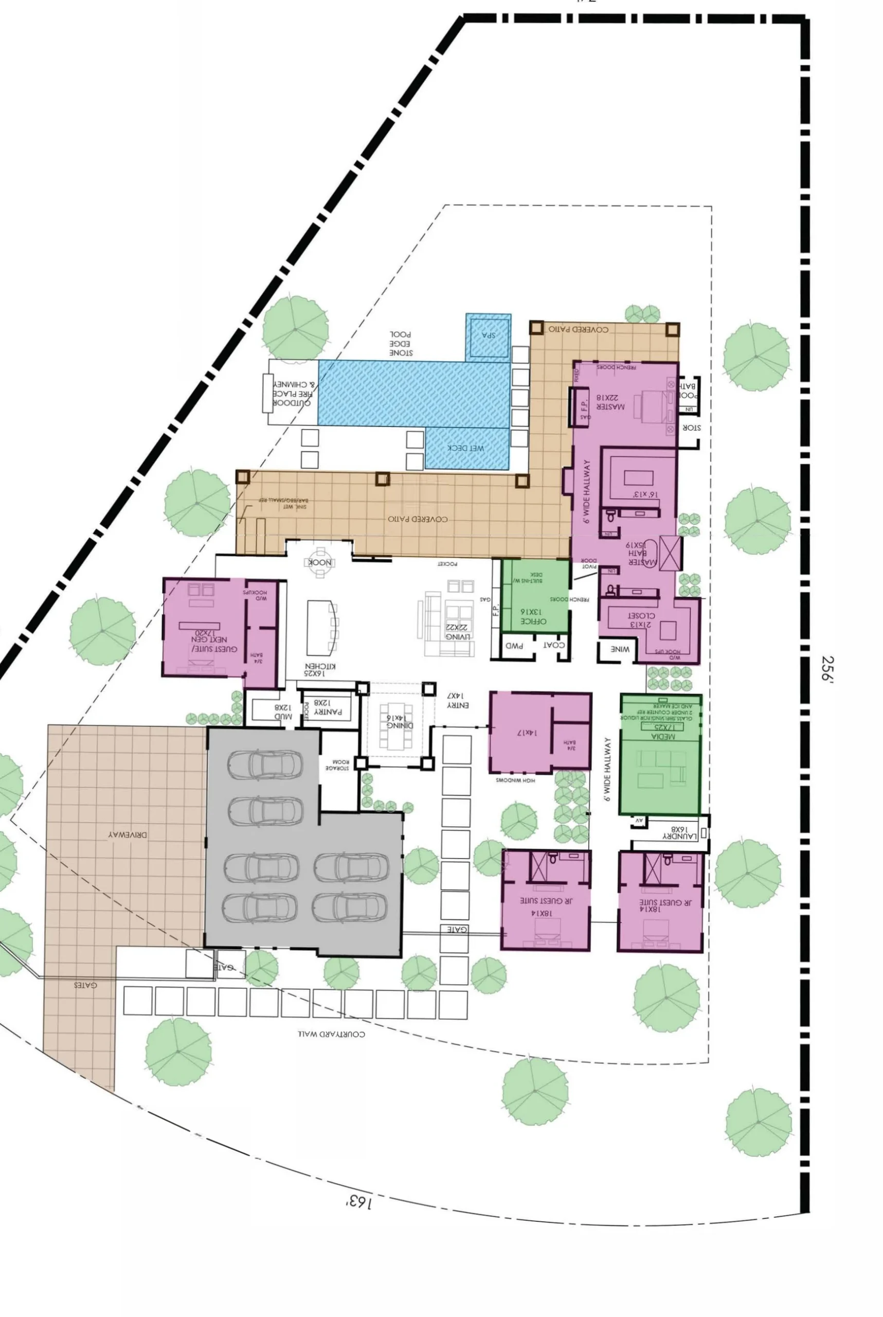 Single story floor plan of 20 Olympia Canyon Way showing the primary suite, living wing, two junior suites, guest suite, media room, six car garage and the pool
