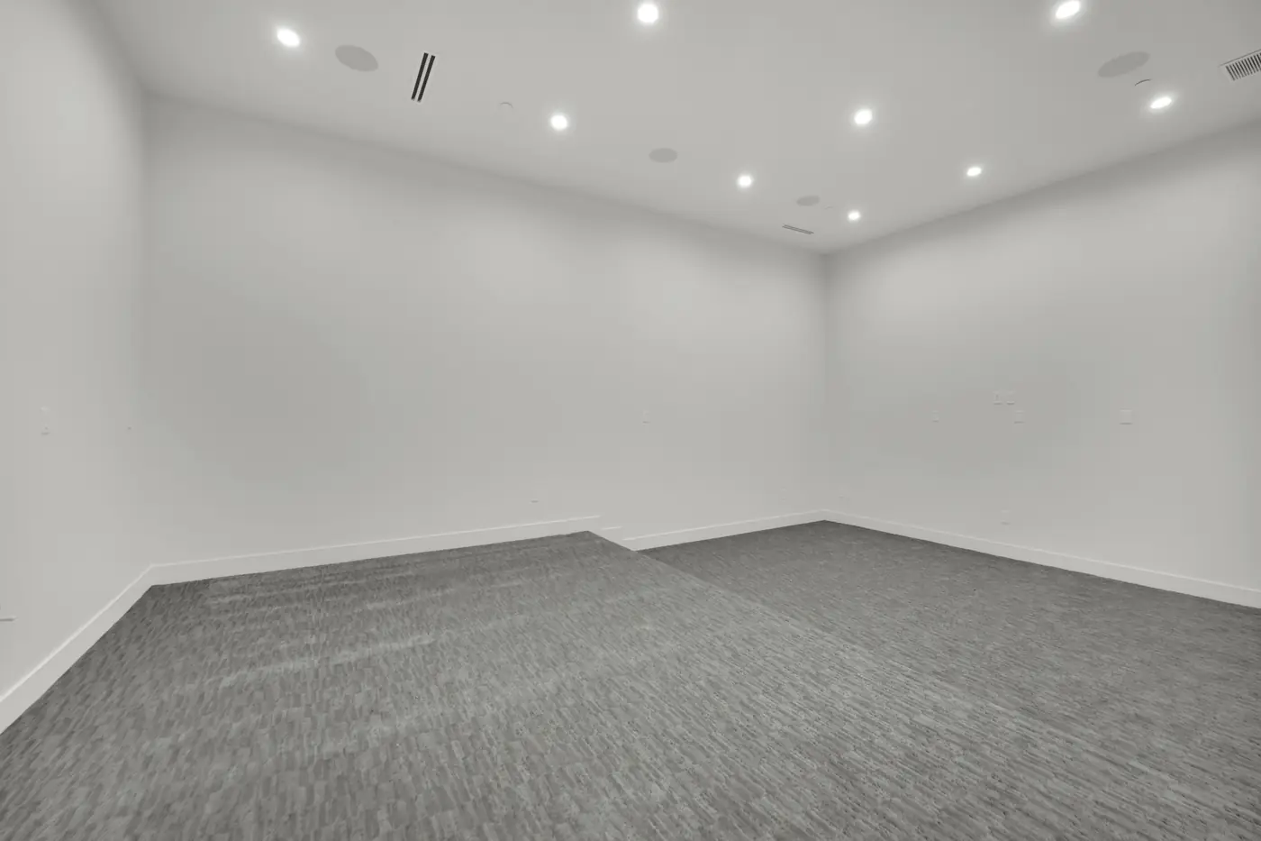 Media room from the back wall showing the full width of the room