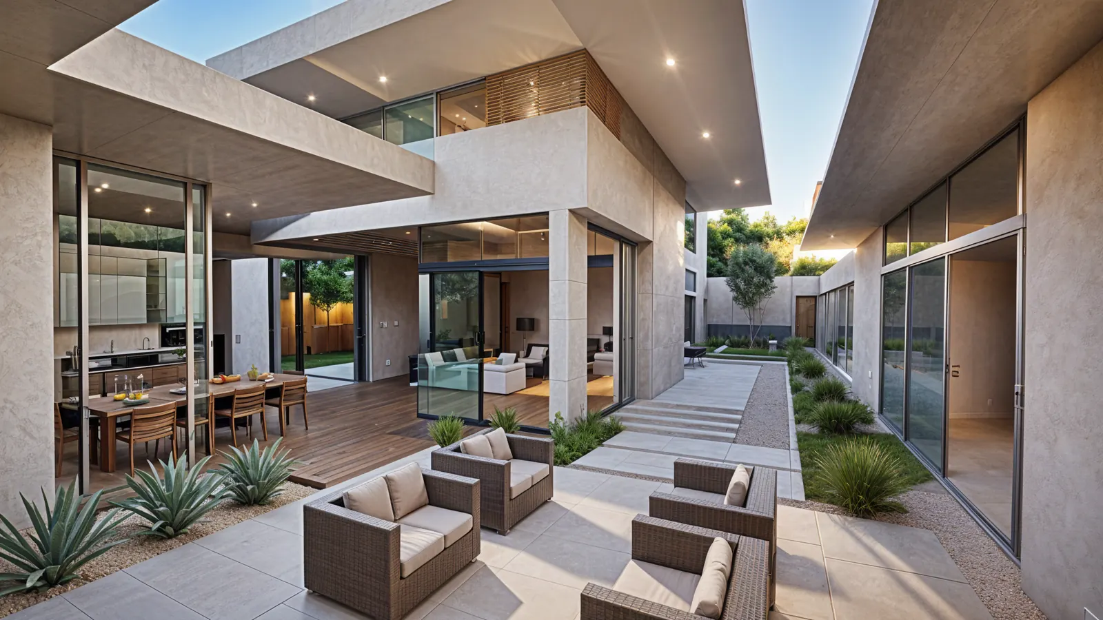 Concept rendering of a paved courtyard with outdoor seating, an outdoor dining table and glass walls opening to the living room