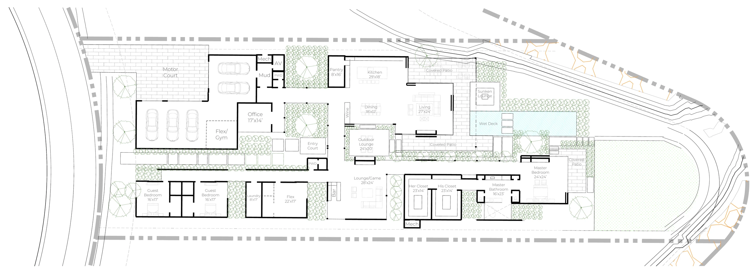 Concept floor plan of a single story house drawn on the lot. From the street: a motor court and five car garage, the office and entry court, the kitchen, dining and living room with covered patios, an outdoor lounge, a wet deck pool, two guest bedrooms, a flex room, a lounge and game room, and the primary suite at the far end beside a lawn.