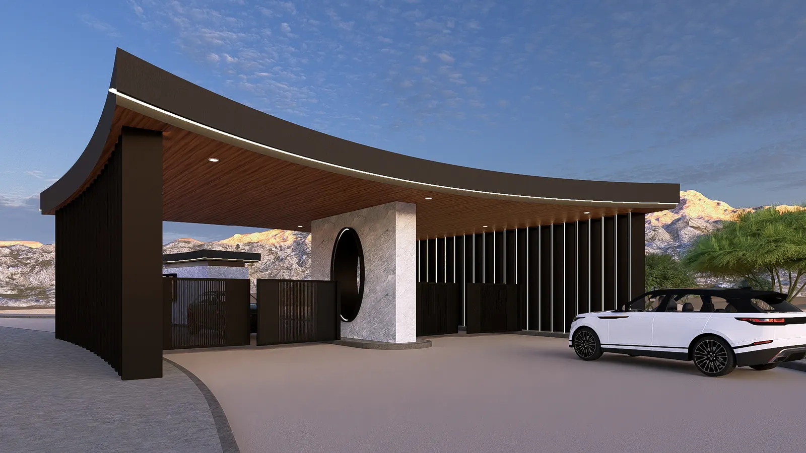 Rendering of the community entry with a curved dark canopy, a stone pier with a circular opening, slatted gates and a white SUV in the foreground