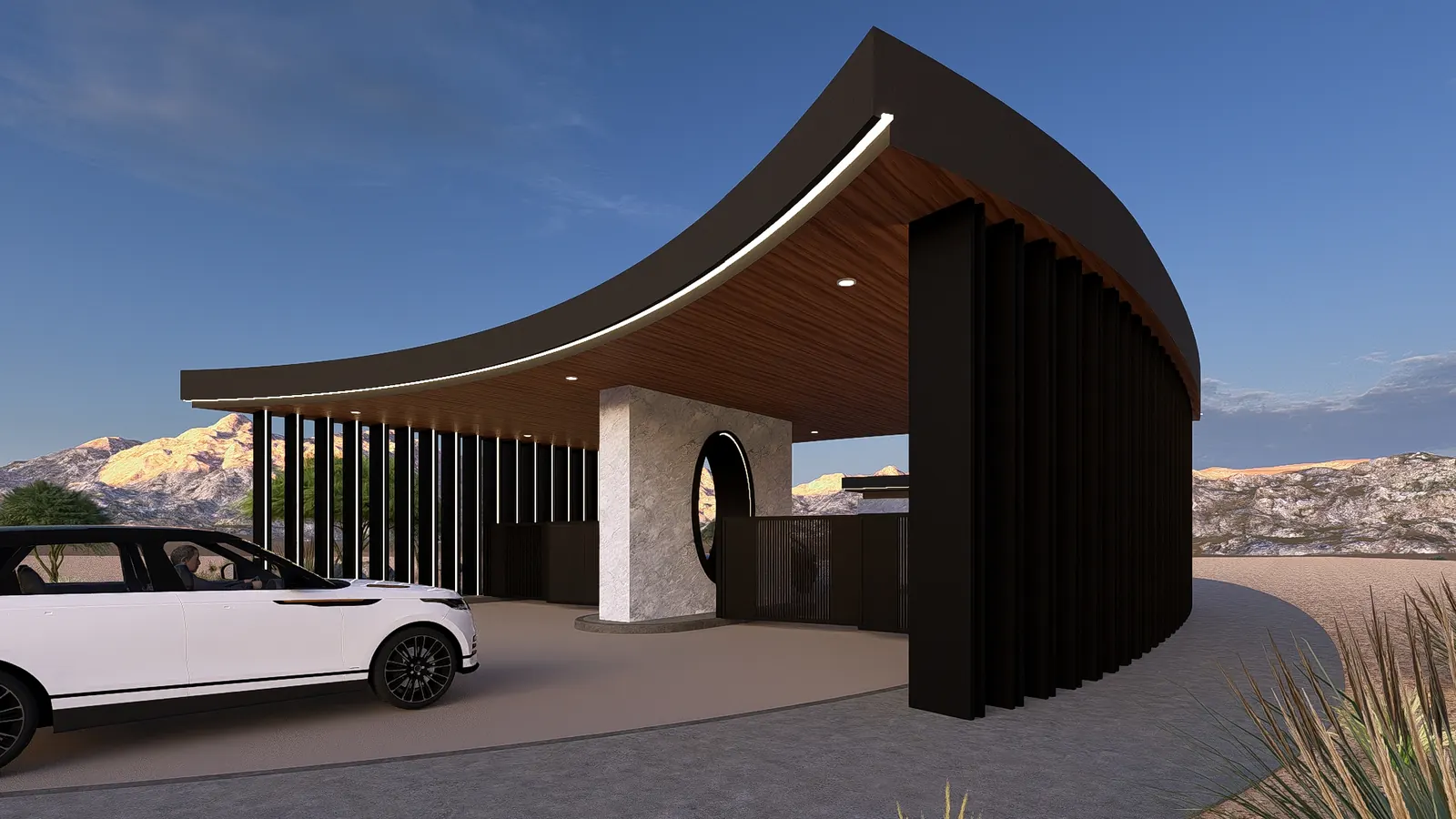 Rendering of the entry canopy from the other side, showing the curved roof edge lit from below and the tall vertical fins